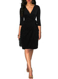 Women's Classic 4-Mar Sleeve V Neck Sheath Casual Party Work Faux Black Wrap Dress | Women's Work Dresses