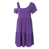 Women Dress Ladies Summer Casual Plain Asymmetrical Strapless Ruffled Short Sleeve T-Shirt Mini Dress Loose Sundress | Original Brand | Women's Casual Dresses