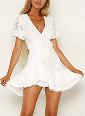 Lace Crochet Floral Midi Dress Short Sleeve Dress For Women V-neck Dress