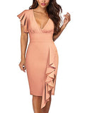 Light Orange Women's Deep-V Neck Ruffle Sleeves Cocktail Party Pencil Slit Formal Dress - Knitee | Women's Cocktail Dresses