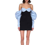 Women 's Casual Puff Sleeve Dress Fashion Contrast Color Off-Shoulder Skinny Short Dress | Original Brand