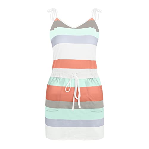 Women's Striped Print Pocket Dress V Neck Mini Spaghetti Sleeveless Tank Top + Drawstring Skirt Summer Tank Dress | Original Brand