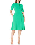 Women's Short Sleeve Tie-Neck Stretch Knit Crepe Fit and Flare Dress