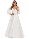 Women's A Line V Neck Floor-length Off Shoulder Long Sleeves Puffy Wedding Dress For Bride 90326 | Women's Casual Dresses
