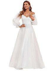 Women's A Line V Neck Floor-length Off Shoulder Long Sleeves Puffy Wedding Dress For Bride 90326