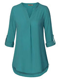 Deep Cyan Women's Casual Chiffon V Neck 3/4 Sleeve Blouse Tops - Timeson | Women's Tops and Blouses