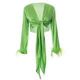 Women's Feather Long Sleeve Tie Front Satin V Neck Button Down Blouse Tops Cardigan Shirts | Original Brand | Women's Tops and Blouses