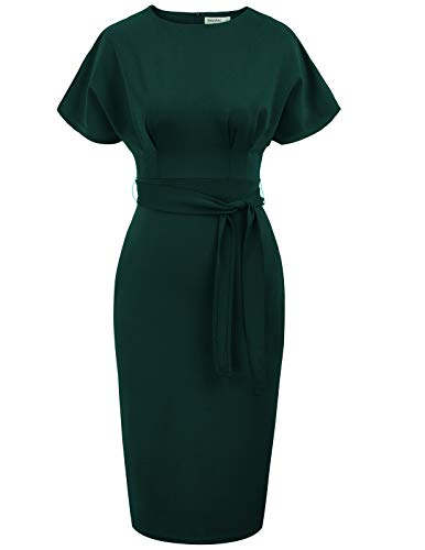 Dark Green Women's Bodycon Pencil Dress Office Wear To Work Dresses With Pocket Belt Jasambac