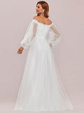 Women's A Line V Neck Floor-Length Off Shoulder Long Sleeves Puffy Tulle Wedding Dress for Bride  - Sara Clothes