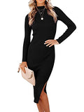 Women's Long Sleeve Ribbed Sweater Dress Turtleneck Slim Fit Slit Midi Dress | Women's Sweaters