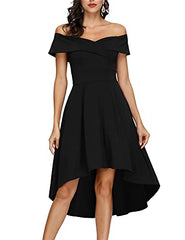 Black Off Shoulder High Low A Line Wedding Guest Party Cocktail Dress - JASAMBAC