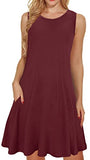 Wine Red Summer Dresses for Women Beach Floral Tshirt Sundress Sleeveless Pockets Casual Loose Tank Dress - elescat | Women's Casual Dresses