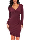 Women's V-Neck Long Sleeve Bodycon Dress Button Down Midi Party Dress