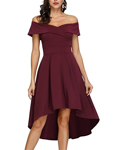 Wine Red Off Shoulder High Low A Line Wedding Guest Party Cocktail Dress - JASAMBAC