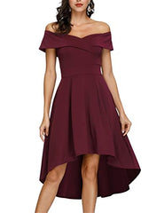 Wine Red Off Shoulder High Low A Line Wedding Guest Party Cocktail Dress - JASAMBAC