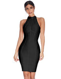 Women's High Neck Sleeveless Striped Bodycon Midi Cocktail Party Bandage Dress