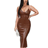 Women's Sexy Leather Spaghetti Straps Dresses Low Cut Sleeveless Backless Slit Hem Party Cocktail Club Midi Bodycon Dress