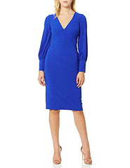 Women's Norah Long Sleeve Plunging MIDI Sheath Dress, Electric Blue, M | Women's Casual Dresses