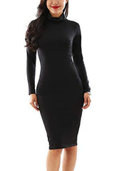 YMING Womens Sexy Long Sleeve Dress Stretch Party Dress Bodycon High Necked Dress | Women's Cocktail Dresses