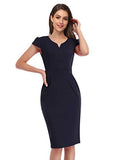Dark Blue Short Sleeve Women's Work Dress V-Neck Business Dress Slim Bodycon Pencil Dress - KOJOOIN | Women's Work Dresses