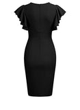 Women's Deep-V Neck Ruffle Sleeves Cocktail Party Pencil Slit Formal Dress - Knitee | Women's Cocktail Dresses