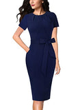 Navy Bluetie Waist Womens Pleated Crew Neck Peplum Wear To Work Office Sheath Dress Vfshow