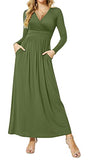 CATHY Women Short Sleeve Deep V-Neck Casual Long Dress Pleated Waist Maxi Dresses with Pockets