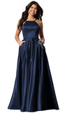 Women's Halter Prom Dresses Long with Beaded Pockets A Line Pleated Satin Formal Evening Party Ball Gowns