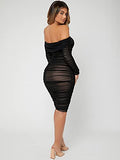 Women's Ruched Off Shoulder Bodycon Dress Long Sleeve Mesh Knee Length Dresses