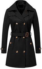 Women's Double Breasted Trench Coats Mid-Length Belted Overcoat Long Dress Jacket with Detachable Hood