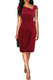 Women's Retro 1950s Cap Sleeve Knee-Length Sheath Slim Business Casual Party Ruched Bodycon Faux Wrap Dress | Women's Work Dresses
