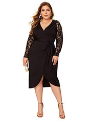 SheIn Women's Plus Elegant Contrast Lace Sleeve Self Belted Wrap Stretchy Bodycon Pencil Dress