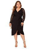 Women's Plus Contrast Lace Sleeve Self Belted Wrap Stretchy Bodycon Pencil Dress | Women's Evening Gowns
