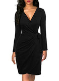 Women's Black Wrap Dress Sexy Deep V Neck Long Sleeve Knee-Length Cocktail Party Dresses | Women's Work Dresses