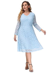 Women's Plus Size Lace Cocktail Dresses For Wedding Guest V Neck Midi Party Dress