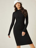 Women's Mock Neck Long Sleeve Rib Knit Midi Bodycon Pencil Dress