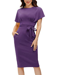 Purple Women's Bodycon Pencil Dress Office Wear To Work Dresses With Pocket Belt Jasambac