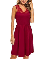 Women's Lace Cuasul Sleeveless A Line Flared Summer Party Short Bridesmaid Dress With Pockets