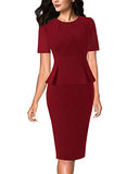 Dark Red Short Sleeve Womens Pleated Crew Neck Peplum Wear To Work Office Sheath Dress Vfshow