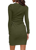 Women Long Sleeve Dresses Square Neck Tie Ruched Bodycon Mini Dress