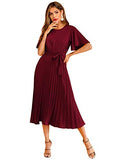 Women's Elegant Belted Pleated Flounce Sleeve Long Dress