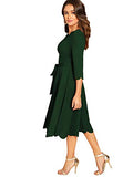 Women's Elegant Belted 3 4 Sleeve Fit Flare Cocktail Scallop Dress | Women's Work Dresses