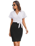 Black White Short Sleeve Women Formal Surplice Pleated V-Neck Belted Dresses Business Work Bodycon Dress - GRACE KARIN | Women's Formal Dresses