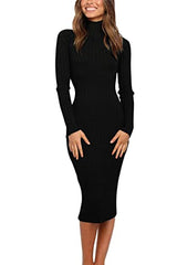 Women's Ribbed Long Sleeve Sweater Dress High Neck Slim Fit Knitted Midi Dress