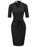 Women Vintage Short Sleeve Slim Fit Belted Business Pencil Dress | Women's Work Dresses