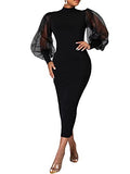 Women's See Through Bodycon Dress Long Puff Lantern Sleeve Sheer Mesh Dress Sexy Club Party Midi Dress Clubwear