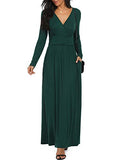 LILBETTER Women Long Sleeve Deep V Neck Loose Plain Long Maxi Casual Dress - green - Large