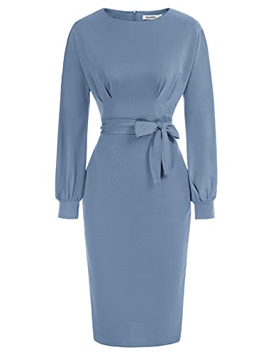 Haze Blue Long Sleeve Women's Bodycon Pencil Dress Office Wear To Work Dresses With Pocket Belt Jasambac