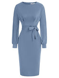 Haze Blue Long Sleeve Women's Bodycon Pencil Dress Office Wear To Work Dresses With Pocket Belt Jasambac | Women's Work Dresses