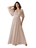 ALICEPUB V-Neck Chiffon Bridesmaid Dresses for Women Wedding Long Party Prom Dress with Sleeves